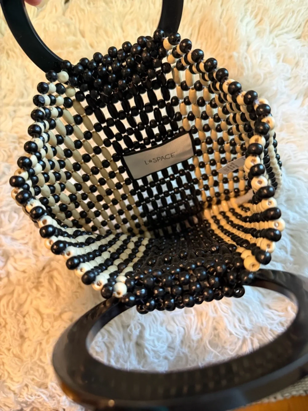 l*space Black and Cream Beaded Mini Handbag with Round Handle - Picture 3 of 4